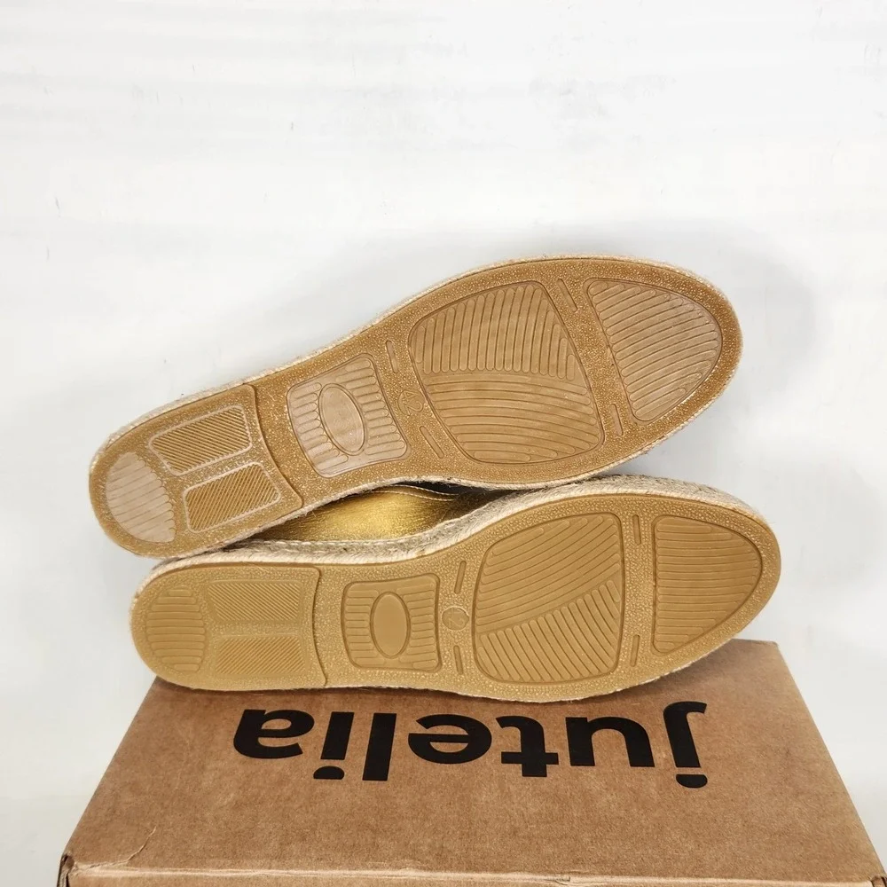 Jutelia Espadrille Flats Women Size 11 Gold Black Leather Cap Toe Slip On
